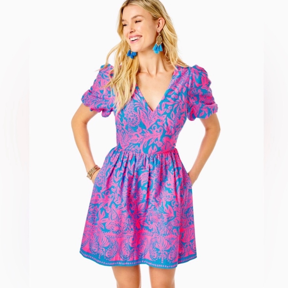 Suzie Short Sleeve Cotton Dress - Aura Pink Leaf An Impression Dress new size 14